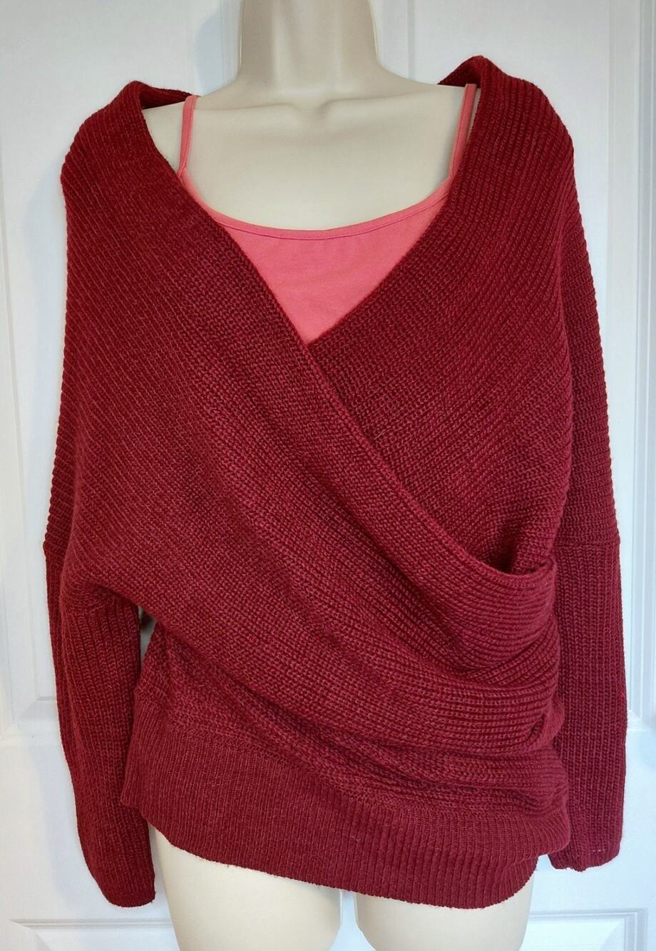 NWT Miracle Sweater Burgundy Ribbed Wrap Front Cozy Fall Pullover S/M Whimsigoth